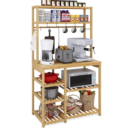 SMIBUY Kitchen Baker’s Rack, 6-Tier Bamboo Microwave Stand with Utility Storage Shelves, Coffee Bar Table Station, Kitchen Organizer Rack with 10 S-Shaped Hooks, 31.5 Inch Width (Natural)