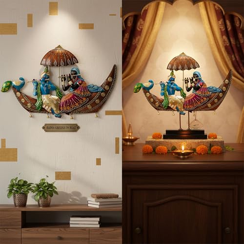 Image of KRAFTSKALA Radha Krishna on Boat Showpiece - 2-in-1 Wall Hanging & Tabletop Iron Metal Decor with Wooden Base | 22 Inch Handcrafted Figurine for Living Room, Diwali Gifting