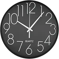 Relógio de Parede 24 cm com Números Grandes Brancos Leitura Fácil, Design Moderno, Instalação Simplificada na Cor Preta