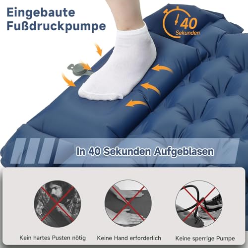HAUSPROFI Isomatte Camping, 10cm Ultraleicht Camping Luftmatratze mit Fußpumpe & Kissen, Aufblasbare Matratze Kompakte und Leichte, Campingmatte für Wandern Strand Outdoor, Dunkelblau 4