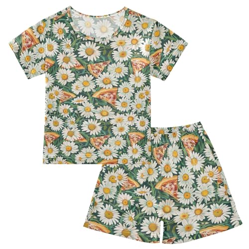 ALAZA Daisy Flowers Pizza Pajama Set Short Sleeve Sleepwear Soft Lounge Nightwear
