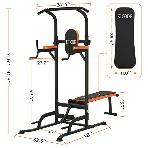 Kicode Power Tower with Bench Pull Up Bar Dip Station, Home Gym Height Adjustable Exercise Tower Dip Stand, Strength Training Multi-Function Fitness Equipment