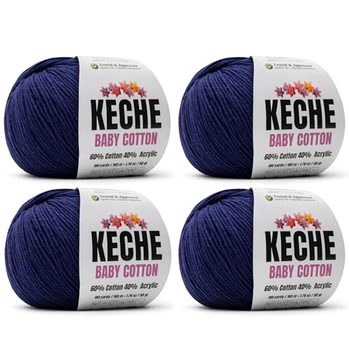 Image of Keche Cotton Yarn, 60% Cotton 40% Acrylic Yarn, Soft Cotton Yarn for Crochet and Knitting, Amigurumi Yarn 4 Skeins /Balls [1.76 Oz (50g) / 180 Yrds (165m)] x 4 - Navy Blue