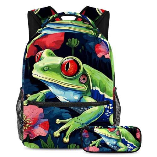 Sac à dos grenouille colorée avec trousse assortie pour étudiants, multicolore