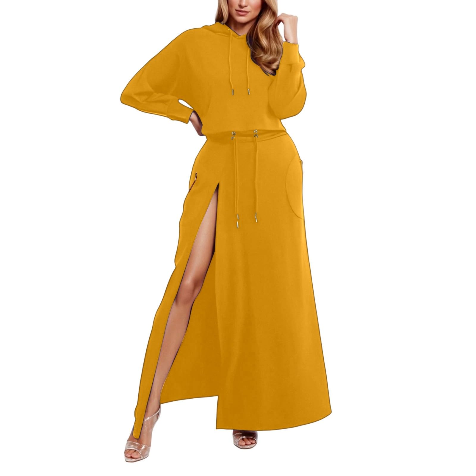 Generisch Tuta da donna elegante in due pezzi, per il tempo libero, a maniche lunghe, con cappuccio e spacco laterale, comoda e morbida, traspirante, tinta unita