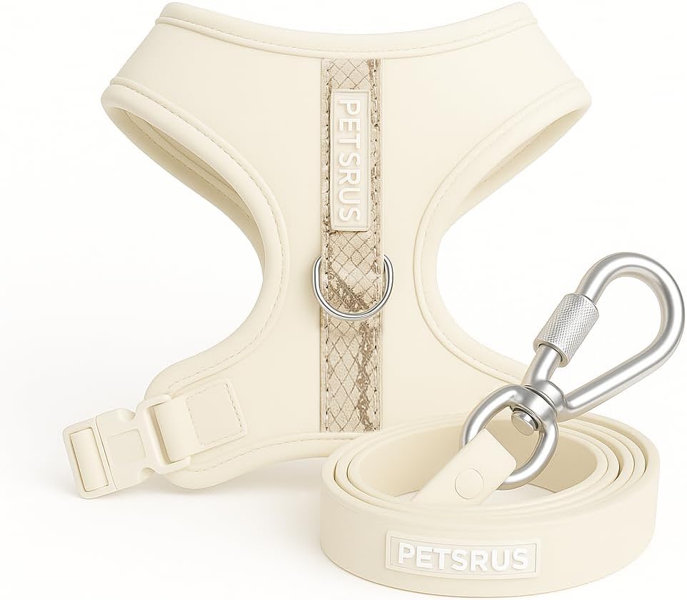 Matching Dog Harness Leash Set Adjustable No Pull Front Clip Rose Gold Beige Neoprene Fur Trim Easy Clean Screw Lock Security (Vanilla Cream - Silver, L: Neck=16.5-22''/Chest=22.4-32.7'')
