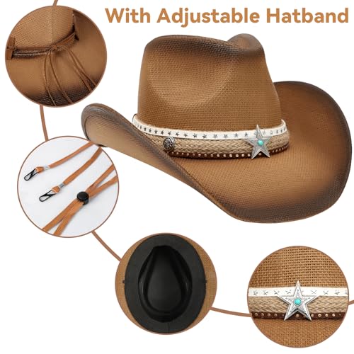 Image of WQWOVRVO Cowboy Hat,Cowgirl Hat,Western Cowboy Hats for Women /Mens /Straw Wide with Shapeable Brim Cowboy Hat for Womens