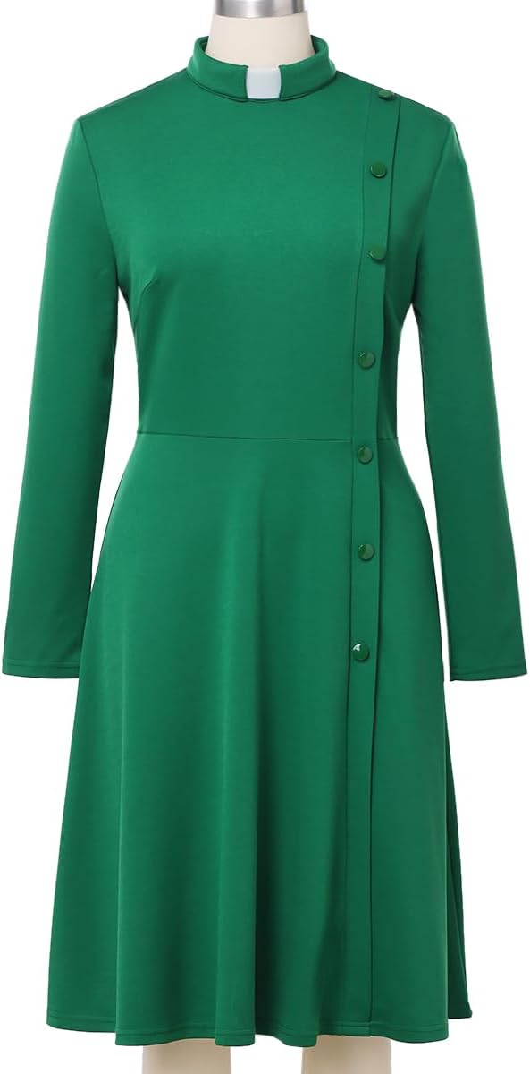 FAD-4U Church Clergy Dress for Women Spring/Autumn Long Sleeve Rows Buttons A Line Dress with Tab Collar and Belt - Image 5