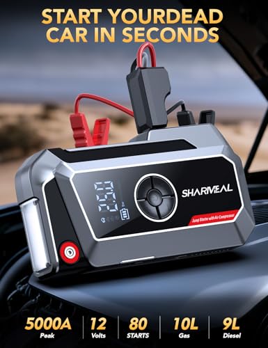 Sharmeal Jump Starter with Air Compressor, 5000A Portable Car Battery Booster  with 150PSI Tire Inflator, 12V Jump Start - Additional View