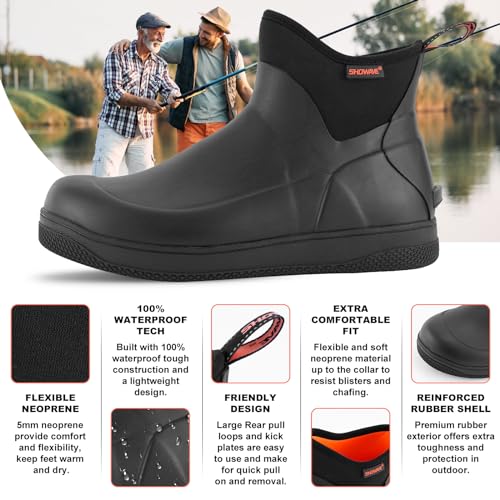 Showave Men's Deck Boots Waterproof Ankle Rain Boots Saltwater Fishing Booties Non-slip Outdoor Rubber Boots4