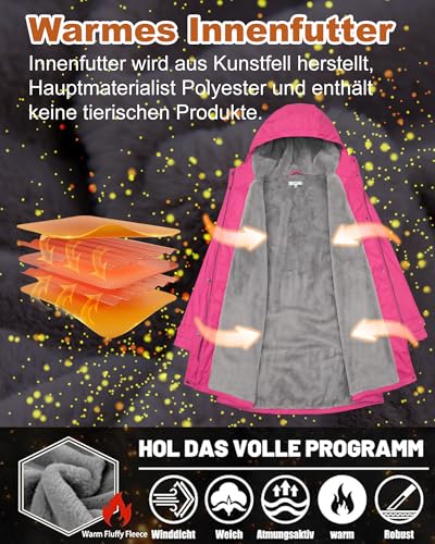 rhythm of the rain Regenjacke Damen mit Warm gefüttert Winterjacke Damen wasserdicht PU Regenmantel Friesennerz übergangsjacke mit Kapuze Rose 44