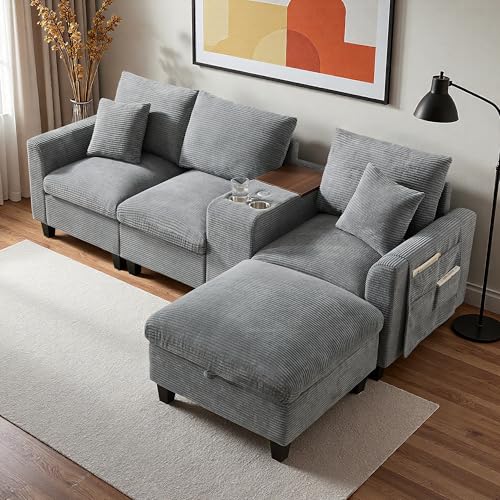 Wyibwy Sofá de esquina en L con puerto de carga USB y consola, sofá de 4 plazas con reposapiés y portavasos, sofá de 3 plazas con reposabrazos y cojines, sofá modular, terciopelo acanalado (Gris)