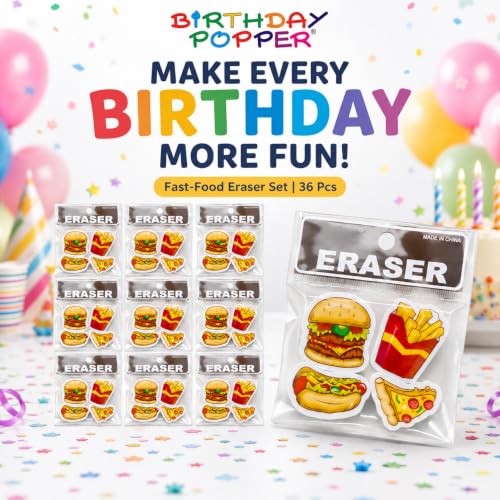 Image of Birthday Popper Birthday Return Gift for Kids Fast Food Erasers, 36 Pcs | Thick Assorted Burger, Fries, Hot Dog and Pizza Designs; for Classroom Rewards, School Supplies and Goodie Bags