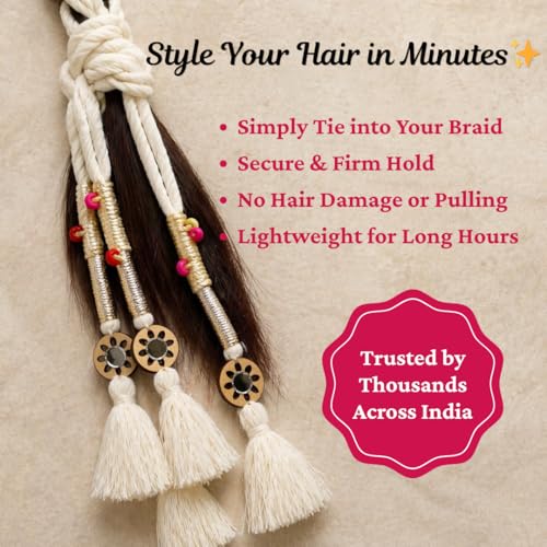 Image of Zippy Flora Neelima Handmade Boho Parandi (Snow White) | Traditional Punjabi Parandi Cotton Hair Accessory with Braid Tassels | Women's Ethnic Hair Extension for Choti, Braids & Patiala Shahi Hairstyles