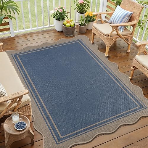 Image of Easy Jute 3x5 Outdoor Rug Washable Non Slip Rug for Entryway Indoor Outdoor Farmhouse Neutral Scalloped Carpet for Backyard Patio Proch Living Room