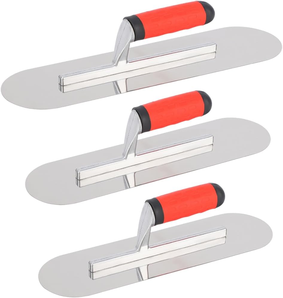 3Pcs Lagre Size Pool Trowel Set Stainless Steel Concrete Tools, Includes 12'' x 4'',14'' x 4'',16'' x 4'' Masonry Hand Tool with Soft Grip Handle,Lightweight,Plastering Trowel for Drywall etc