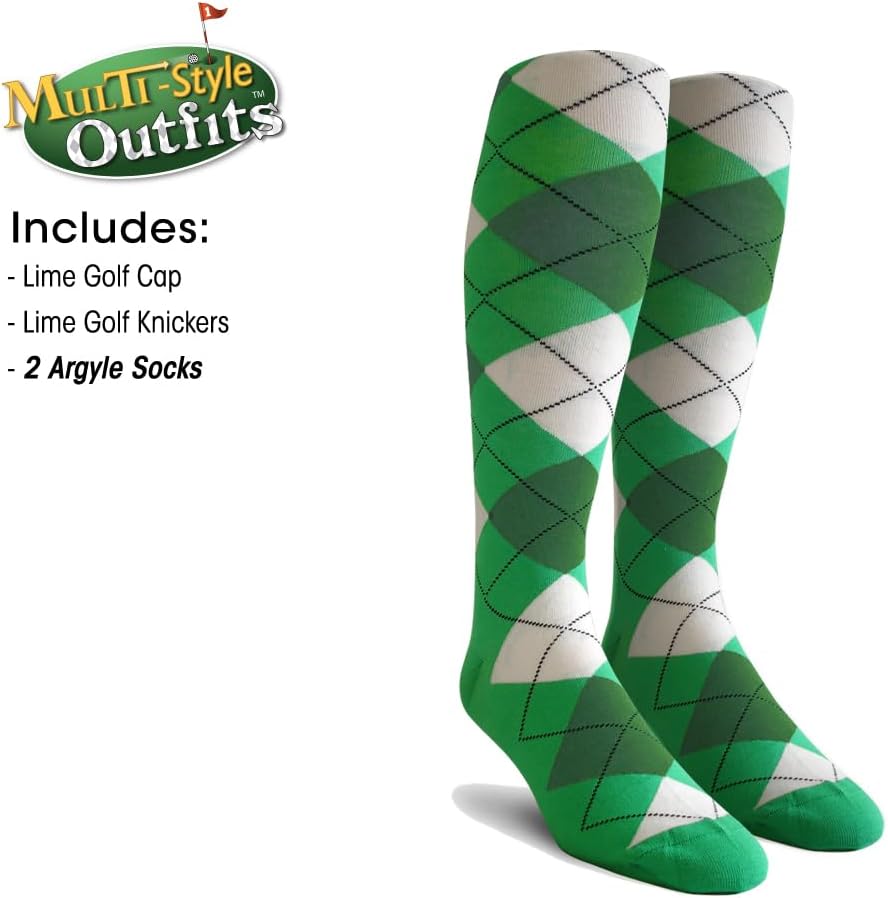 Mens Multi Style Lime Golf Outfit - Matching Knickers and Cap - Two Over-The-Calf Golf Socks
