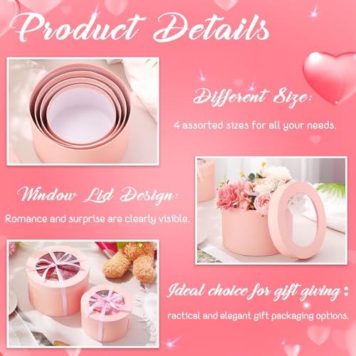 Set of 4 Round Flower Boxes with Clear Lids 4 Assorted Sizes Gift Boxes for Flower Arrangements Nesting Round Gift Box for Mother's Day Graduation Wedding Birthday(Pink) - Image 5