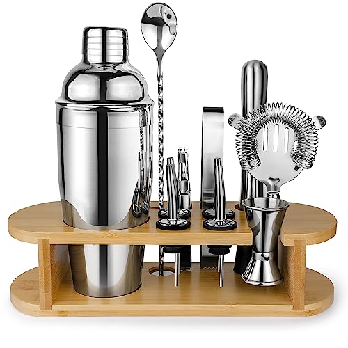 Cadobee Juego de Coctelera con Soporte, 12 Piezas Premium Cocktail Set con Todas las Herramientas Esenciales de Bar, Regalos para Mujeres Hombres Amantes del Cocktail, Juego Profesional de Bar, Plata