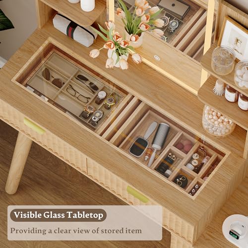 Image of Xixini Fluted Vanity Desk with LED Lights Mirror & Charging Station, Oak