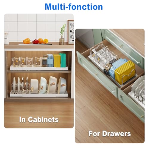 Image of Mustorn Pots and Pans Organizer Under Cabinet, 22 inch Expandable Food Storage Container Lid Organizers with 9 Adjustable Dividers Pot and Pan Lid Holders Rack Inside Cabinet /Countertop (White, 2 Pack)