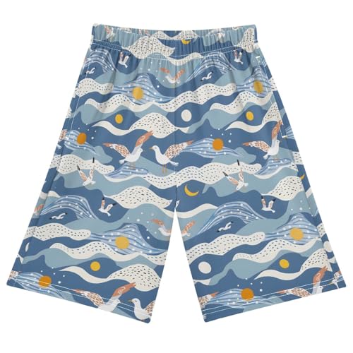 Wave and Gull Sleep Shorts Summer Pajama Shorts Elastic Waist Sleep Bottoms with Pockets 6-14 Years
