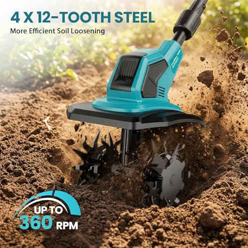 Cordless Tiller Cultivator, 360RPM Electric Garden Tiller, 2 * 3.0Ah 21V Batteries & Charger, Brushless Motor Battery Powered Garden Rototiller for Lawn/Gardening/Soil Cultivation - image 6