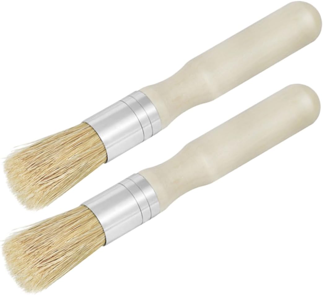 Uonlytech 2pcs Round Head Wooden Handle Stencil Brush Set for Acrylic and Oil Painting Small Bristle Brushes for Artists Detail Painting Tools