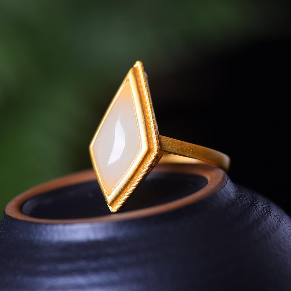 S925 Silver-Inlaid Natural White Jade Rhombus Ring Opening Adjustable Including Certificate