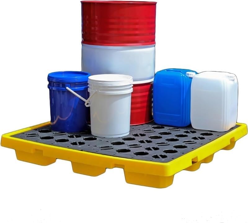 Drum Spill Containment Platform with Grating, Spill Platform Tray with Drain Outlet, Polyethylene Plastic Pallet for Indoor and Outdoor Garage Industrial Storage(49x35x9cm)