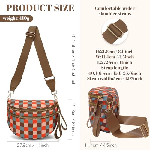 Image of WOOMADA Checkered Crossbody Bag Bum Bag for Women, Spacious Nylon Fanny with Removable Wallets(Sunset Checkerboard)