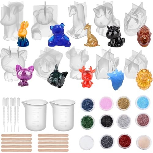 LemonRoad 28 Pcs Animal Resin Molds Set, 10 Silicone Forms with Glitter