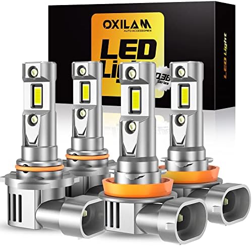 OXILAM H11/H9/H8 9005/HB3 LED light Bulbs Combo, 32000LM 400% Brighter 6500K Cool White, 1:1 Size High Beam Low Beam Replacement, Pack of 4, 2 PCS H11 LED Bulbs and 2 PCS 9005 LED Bulbs Combo