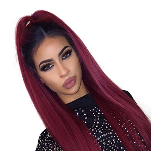 KRN Ombre Red Human Hair Straight Lace Front Wigs Glueless Remy Hair for Black Women (20inch, 130% density lace front wig)