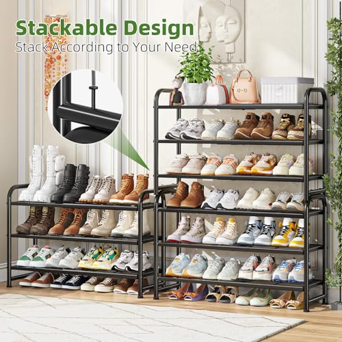 Image of Simple Trending 3-Tier Expandable Shoe Rack, Adjustable & Stackable Shoe Organizer, Heavy Duty Metal Free Standing Shoe Shelf Storage for Closet Entryway Doorway, Black