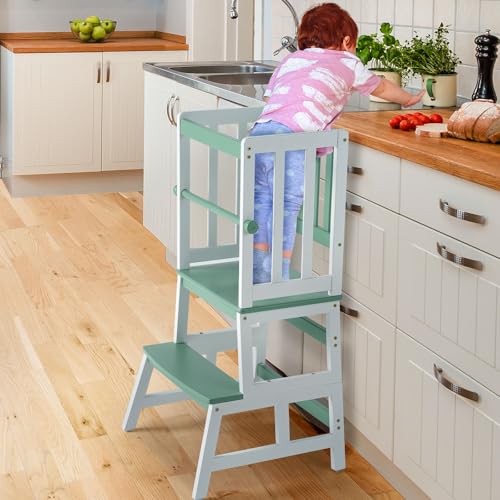 Image of COSYLAND Kids Kitchen Step Stool, Toddler Standing Tower with CPC Certification, Removable Anti-Drop Railing Safety Rail Enjoys Unique Patented Design A Anti-tip Stable Structure Green & White