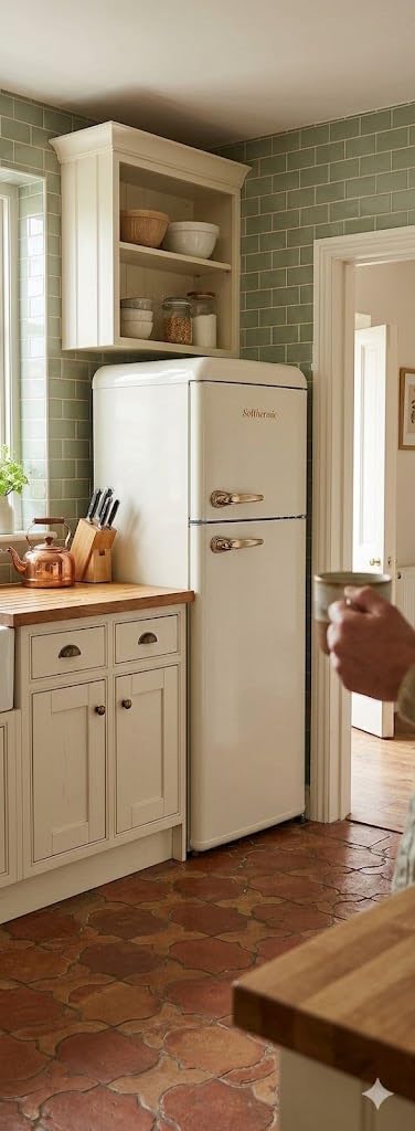 SOLTHERMIC FRIGORIFICO 2 PUERTAS CREMA RETRO TIRADORES DORADOS F2PR147C 220 LITROS, 147 CM ALTO X 55 ANCHO, BAJO CONSUMO Y SILENCIOSO