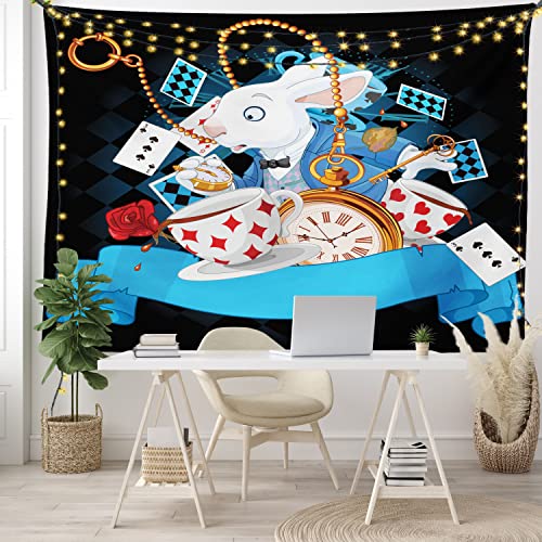 Ambesonne Alice In Wonderland Tapestry, Rabbit Motion Cups Hearts And Flower Character Alice Cartoon Style, Wall Hanging For Bedroom Living Room Dorm Decor, 40" X 60", Blue Black #TOP5