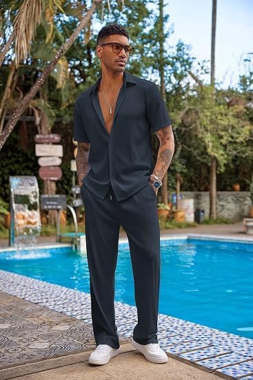 Image of CB-COLEBROOK Casual Shirt for Men|| Shirt for Men|| Men Stylish Shirt|| Men Vertical line Shirt|| Button Down Shirts Short Sleeve Fashion Textured Beach Summer Shirt Top