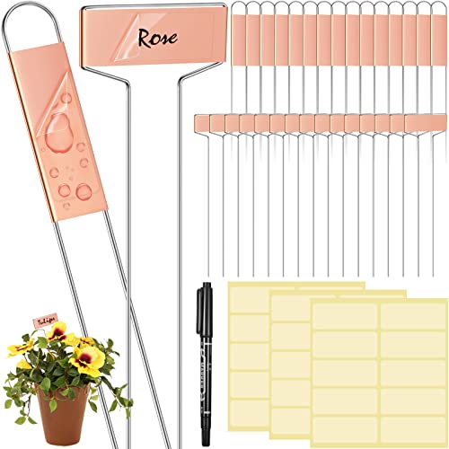Moxweyeni 61 Pieces Metal Plant Tags Kit 30 Pieces Copper Metal Plant Labels 30 Rainproof Pet Films 1 Marker Pen Reusable Planting Garden Markers Nursery Tags(T U Shape)