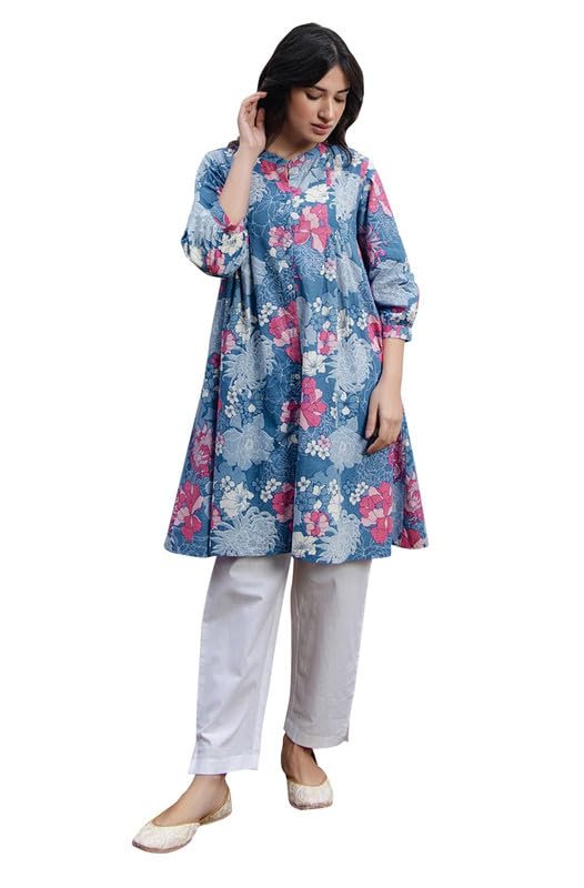 JanasyaWomen's Light Blue Linen Cotton Solid A-line Top