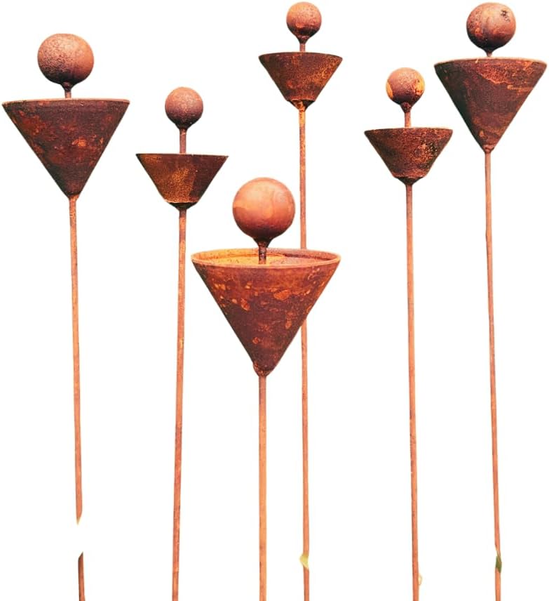 Rusty Metal Flower Garden Stakes - Set of 6 - Rustic Outdoor Decor, Bee Water Station