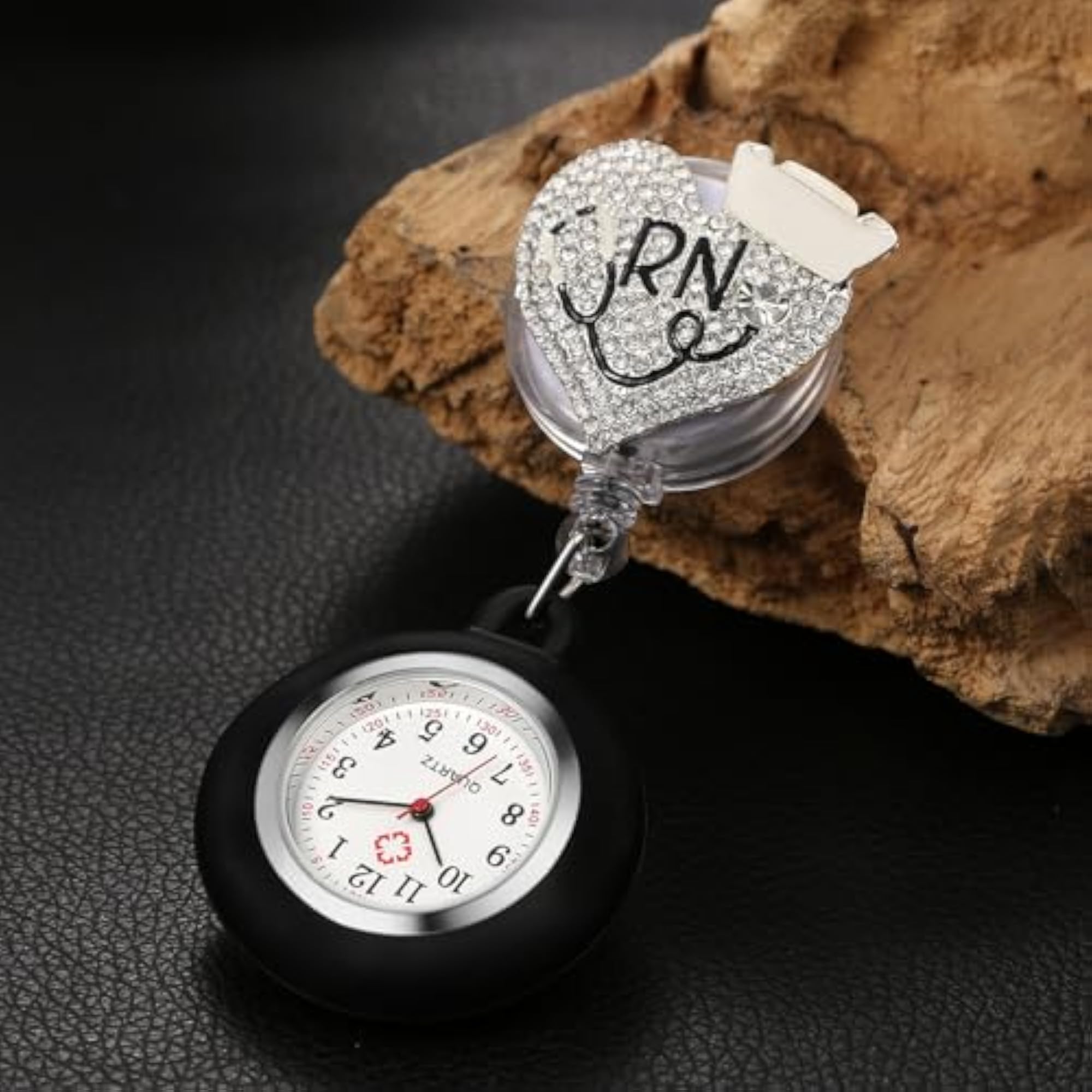 Women's Retractable Nurse Watch, Bling Rhinestones Heart Pattern