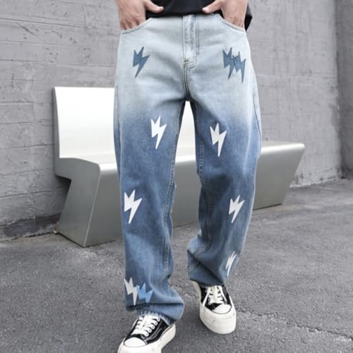 XYGJZ Lightning Print Jeans for Men Causal Straight Leg Denim Jeans Streetwear2