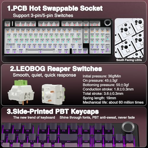 AULA F99 Pro Wireless Mechanical Keyboard with Knob,Tri-Mode BT5.0/USB-C/2.4GHz Hot Swappable Keyboard,Pre-lubed Switches,RGB Backlit Computer Gaming Keyboards - Image 6