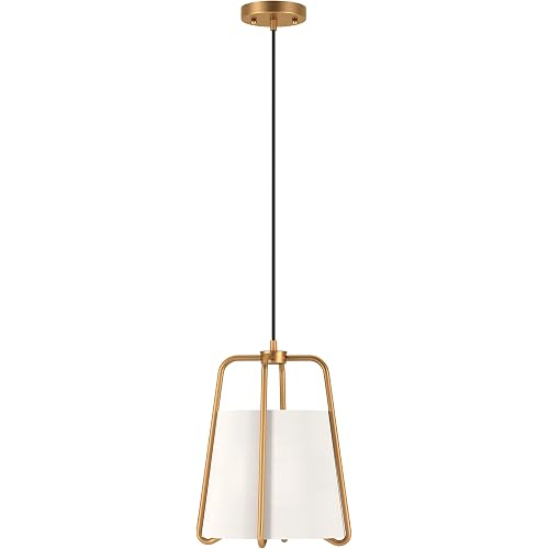 Marduk 11" Wide Pendant with Fabric Shade in Brass/White | Drum shade with geometric frame and adjustable cord delivers ambient lighting for kitchen island, dining area, or entryway