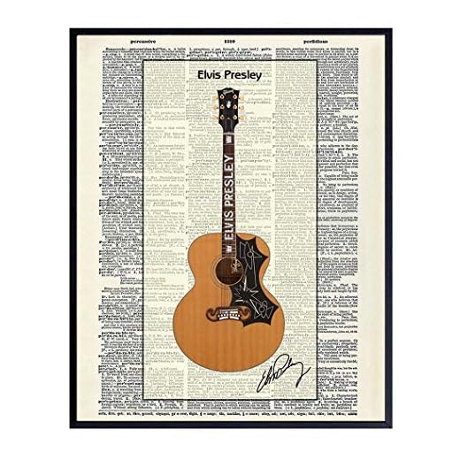 Elvis Guitar, Dictionary Wall Art Decor - Upcycled Home, Apartment, Bar or Room Decoration Poster Print - Unique Gift for Musicians, Guitarists, Fans of The King - 8x10 Unframed Photo Picture