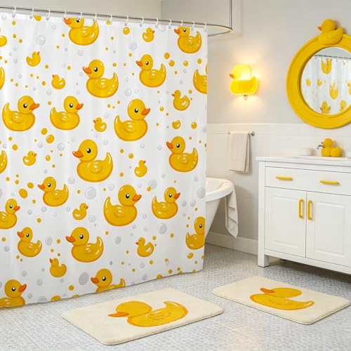 Erosebridal Cute Yellow Duck Shower Curtain Set Kawaii Rubber Duck Bathroom Decor for Kids Girls Boys Cartoon Animal Bathroom Set Pet Lover Gifts Funny Ducks Fabric Shower Curtain 72 x 72 Inch