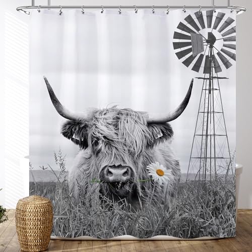 Windmill-Highland-Cow-Funny-Bull-Shower-Curtain-Farmhouse-Rustic-Animal-Shower-Curtain-Set-Cattle-Western-Country-Bath-Curtain-Modern-Brown-Farm-Bathroom-Accessories-Home-Decor-72×72-12-Hooks Windmill Highland Cow Funny Bull Shower Curtain Farmhouse Rustic Animal Shower Curtain Set Cattle Western Country Bath Curtain Modern Brown Farm Bathroom Accessories Home Decor 72×72 12 Hooks