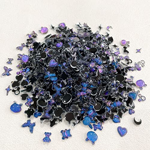 100 Pcs Mixed Styles 3D Nail Charms Resin Butterfly Bear Heart Candy Bowknots Rabbithead Fish Cute Nail Charms Nail Rhinestone Crystals Gems Diy Nail Art Decoration Accessories (04 Blue Black) #TOP1
